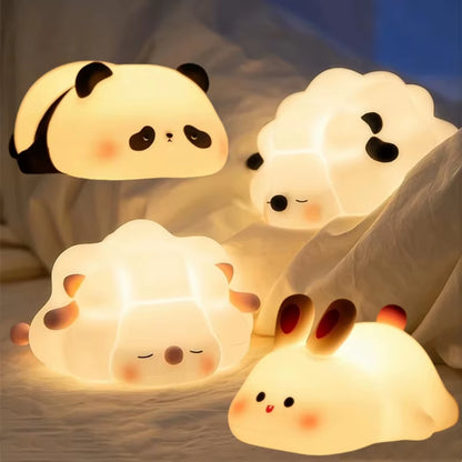 Cute LED Night Light Panda Sheep Rabbit Silicone Nightlights Timing USB Rechargeable for Bedroom Decoration Kids Birthday Gift