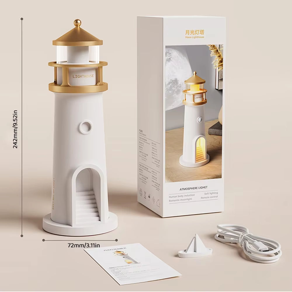 Moon Projection Lighthouse Night Light – Dimmable, Bluetooth Music, Motion Sensor – Perfect Gift!